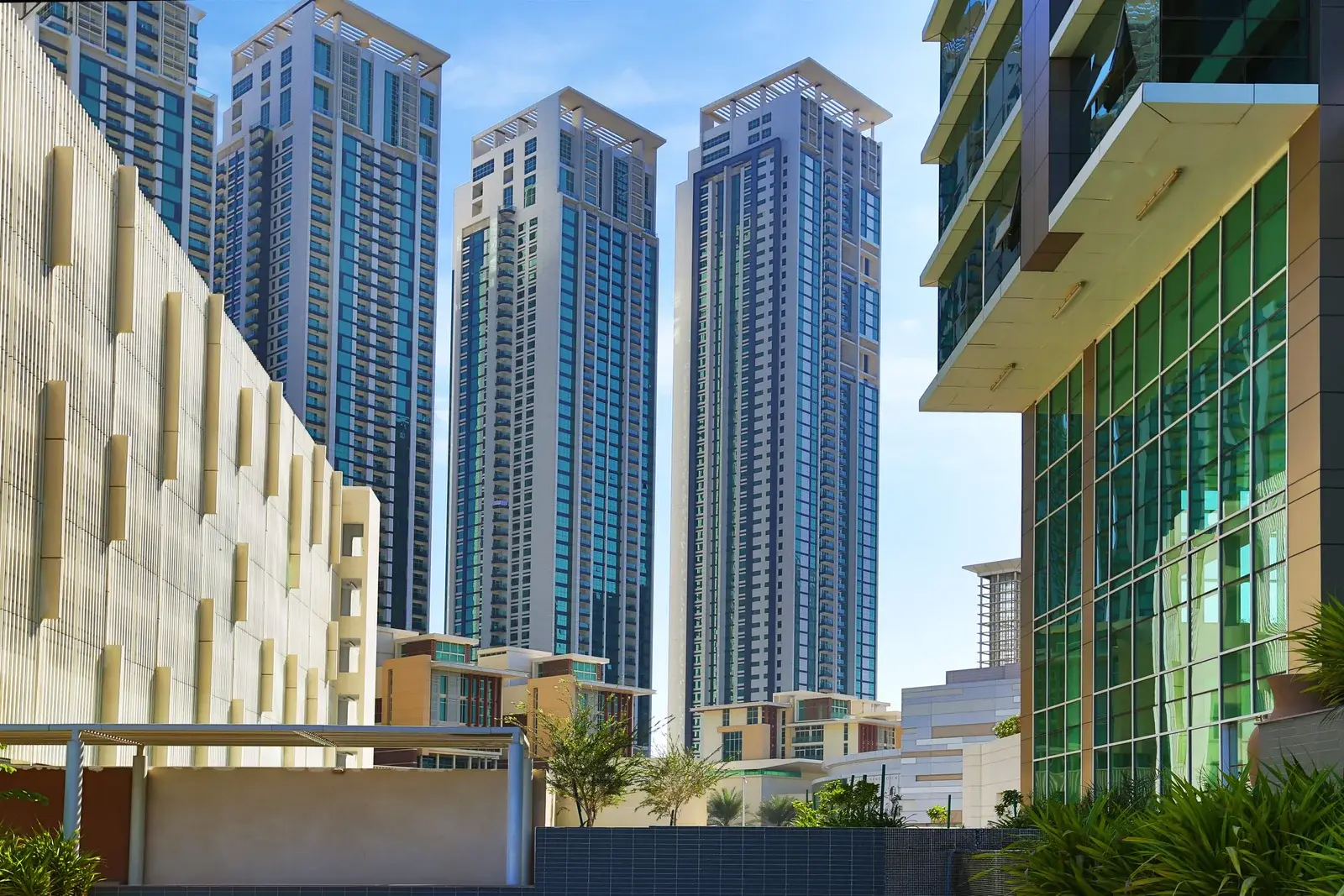 Aerial view of Burooj Views in Marina Square, Abu Dhabi, displaying Al Reem Island’s waterfront, surrounding skyscrapers, and urban landscape.